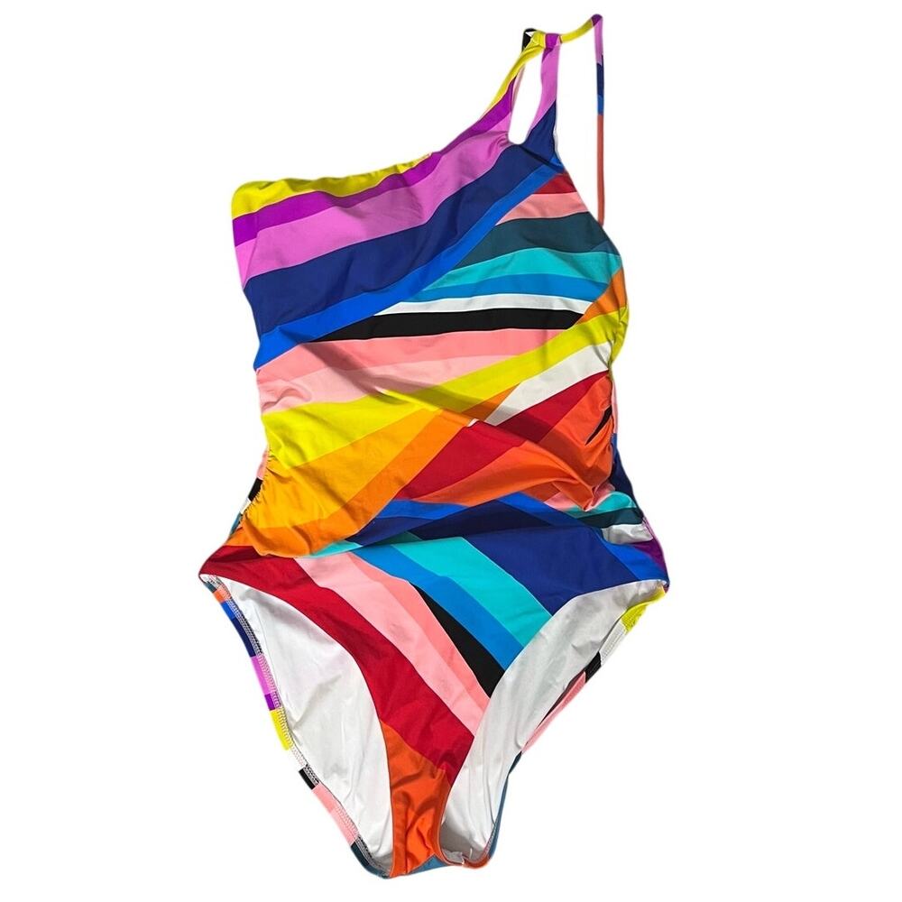 La Blanca Setting Sun Rainbow Stripe One Shoulder One Piece Swimsuit Size 12